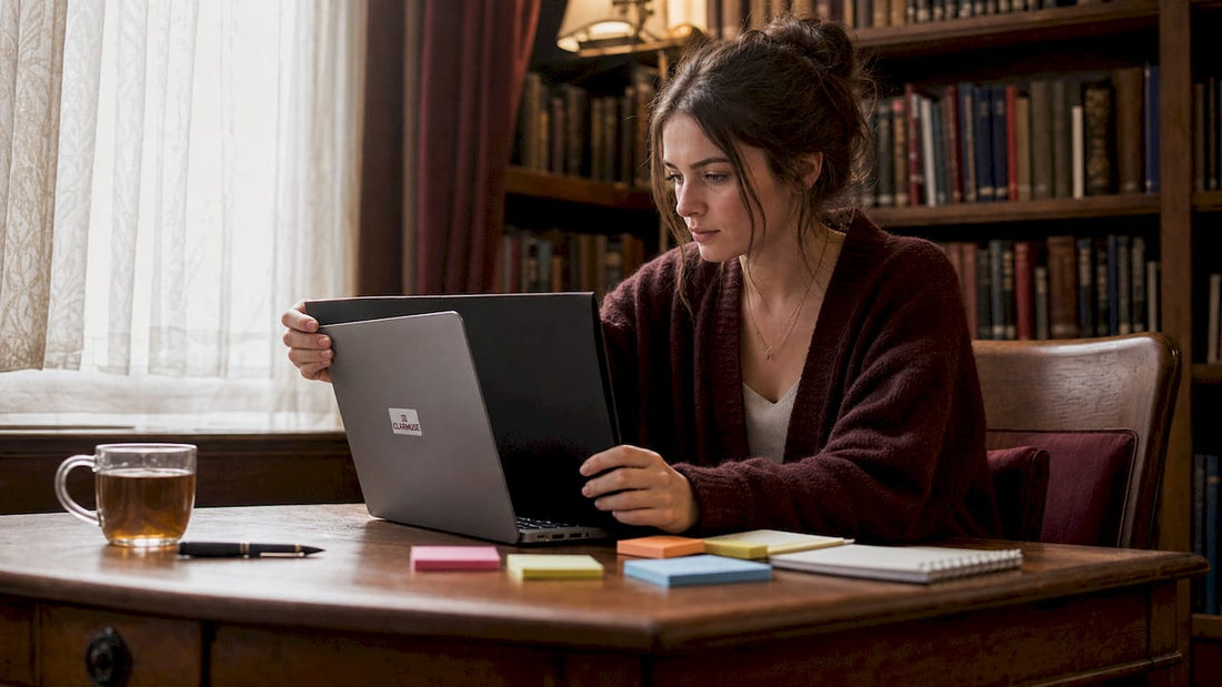 Graduate student applying privacy screen on laptop