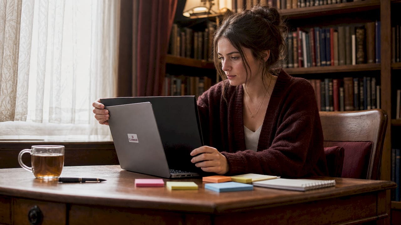 Graduate student applying privacy screen on laptop