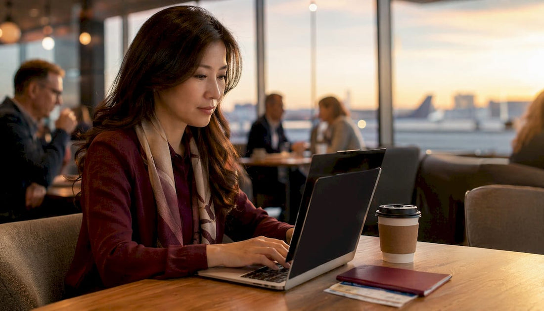 Woman using laptop with privacy screen in airport lounge