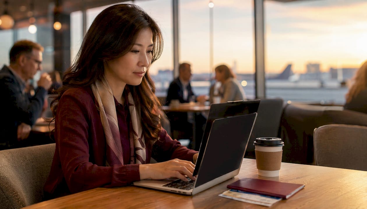 Woman using laptop with privacy screen in airport lounge