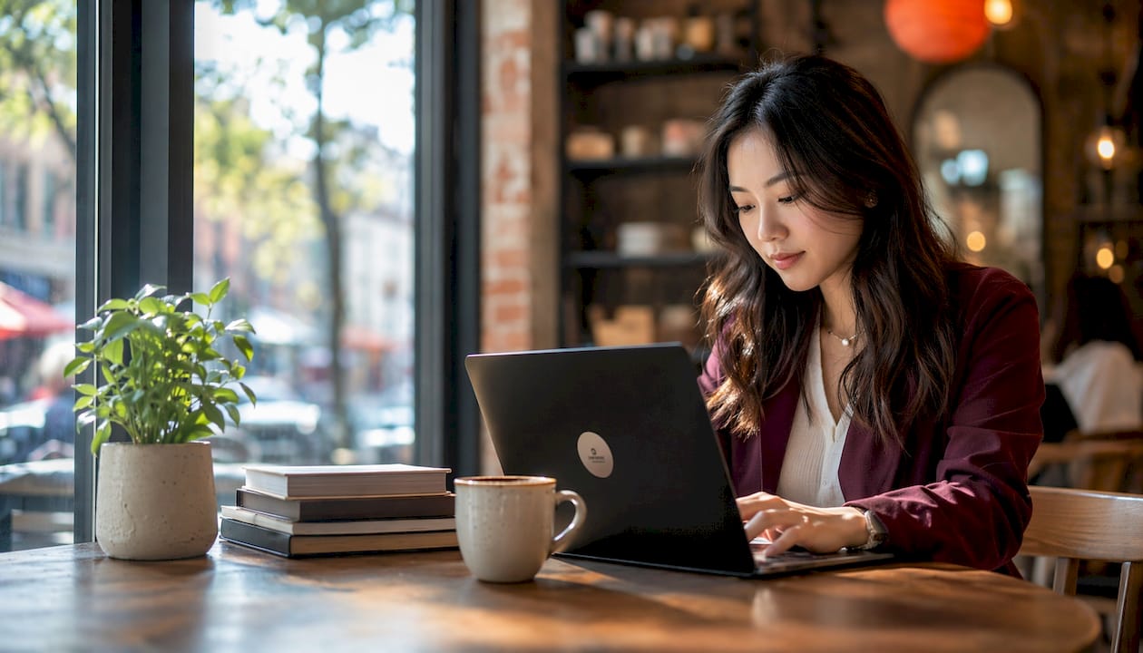 Woman using MacBook with privacy screen in café
