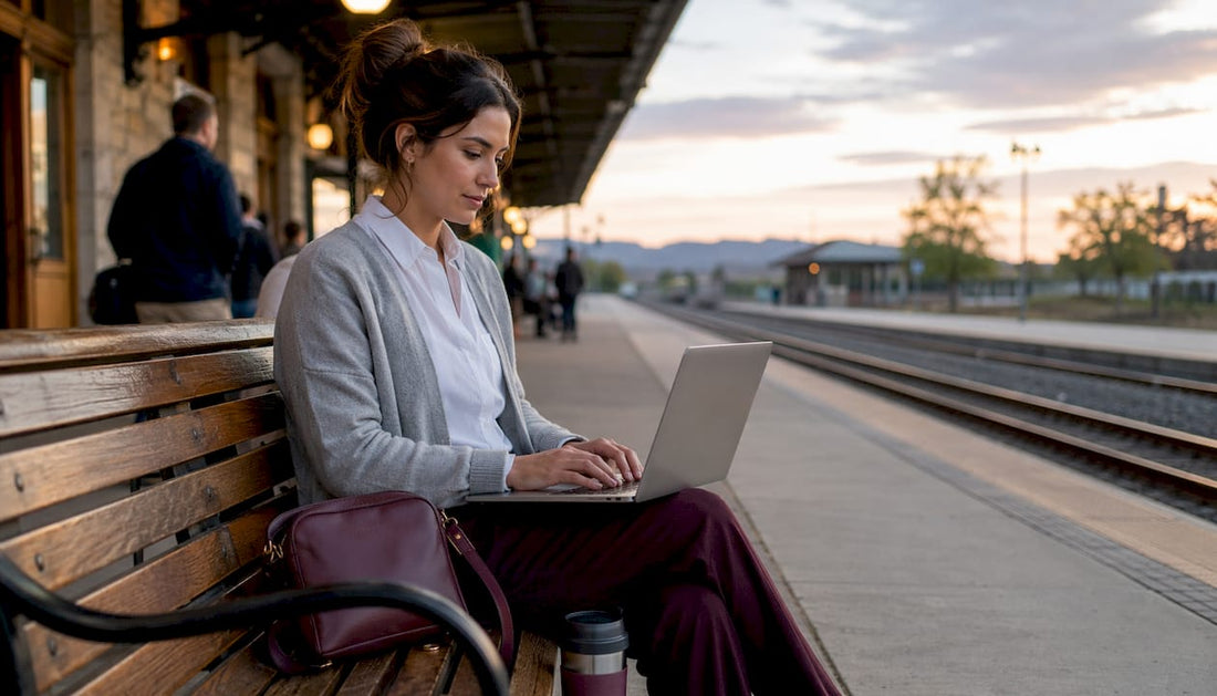 Woman working on laptop inside train carriage