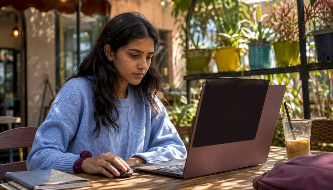 Nomad working with laptop privacy screen in café