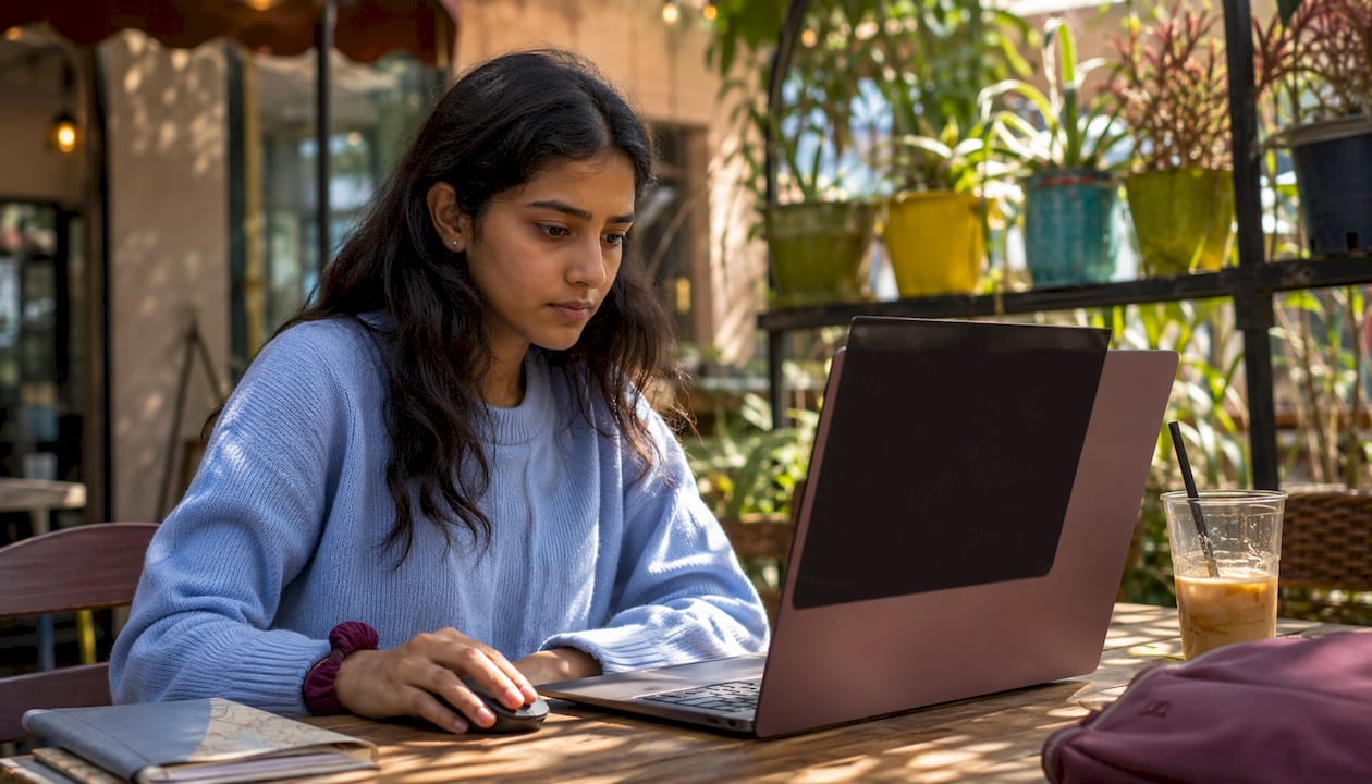 Nomad working with laptop privacy screen in café