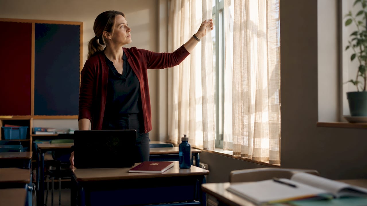 Facility manager adjusting classroom window curtains