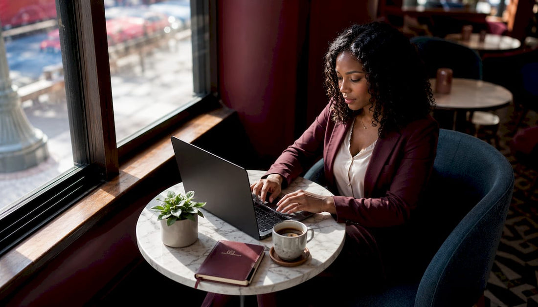 Woman working with MacBook privacy screen in open office