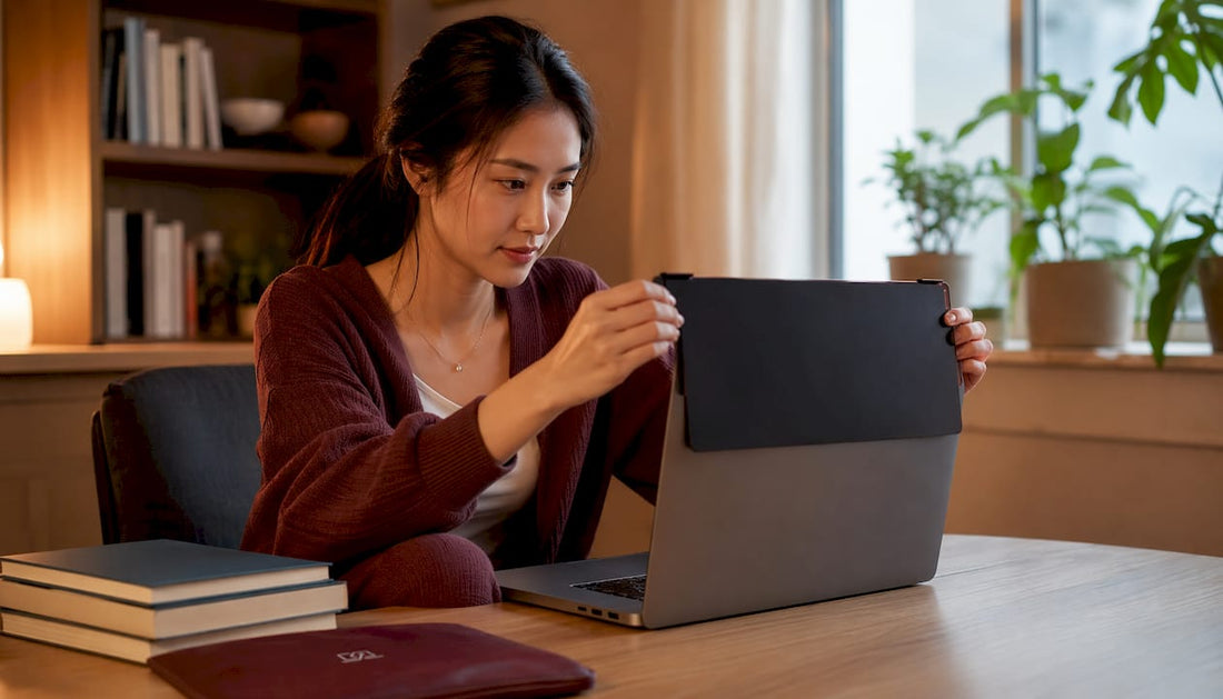 Woman attaching magnetic privacy screen to MacBook