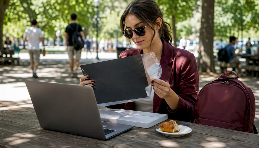 Woman installing magnetic privacy screen on MacBook