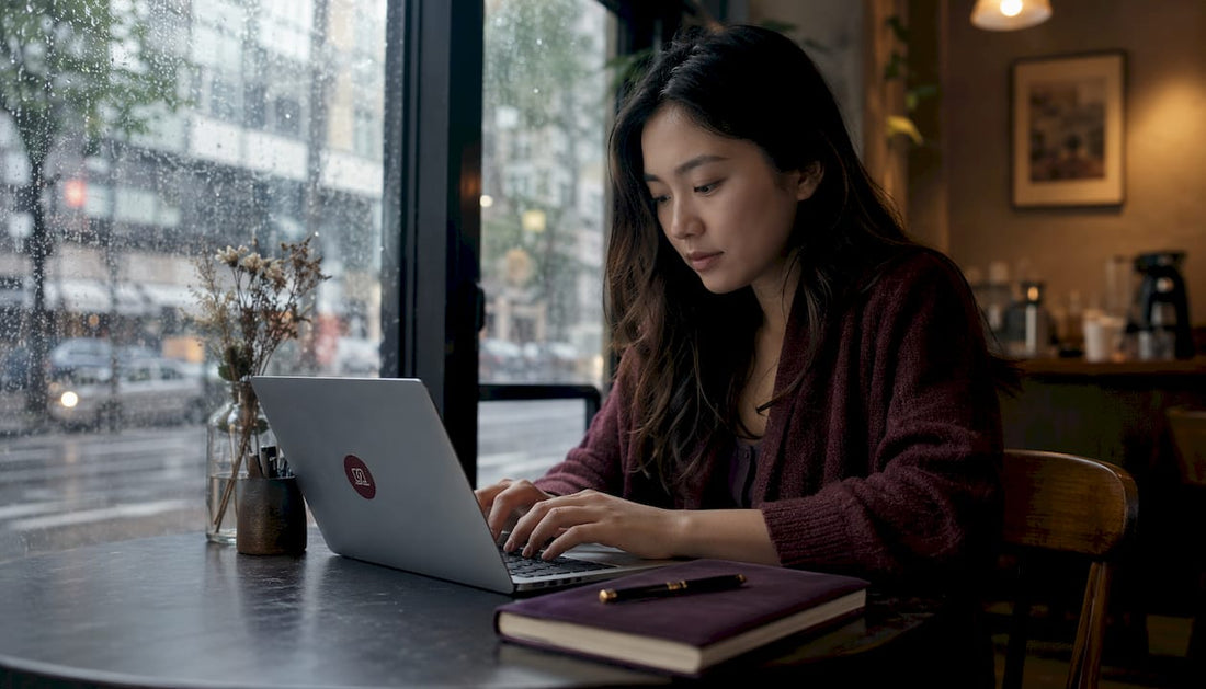Woman using MacBook at airplane window seat