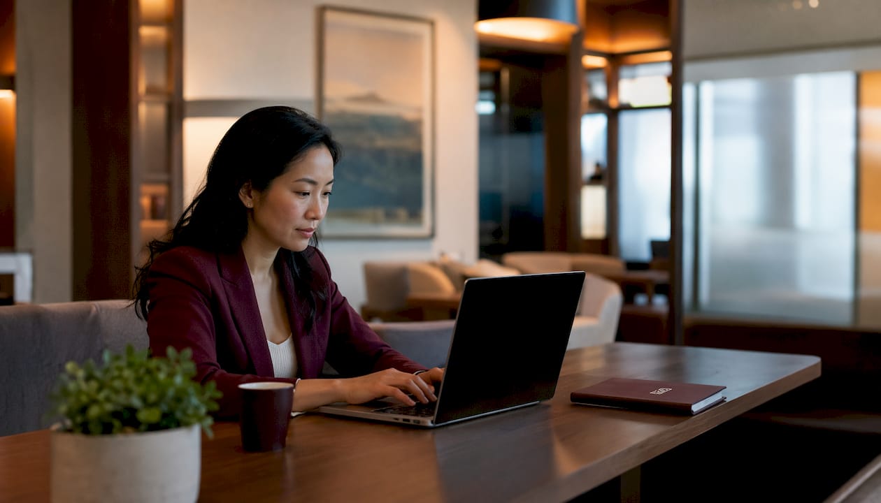 Woman using laptop with privacy screen in airport lounge