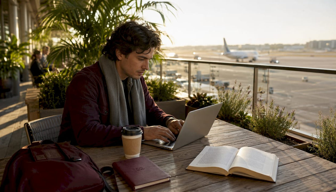 Traveler using MacBook cautiously at airport gate