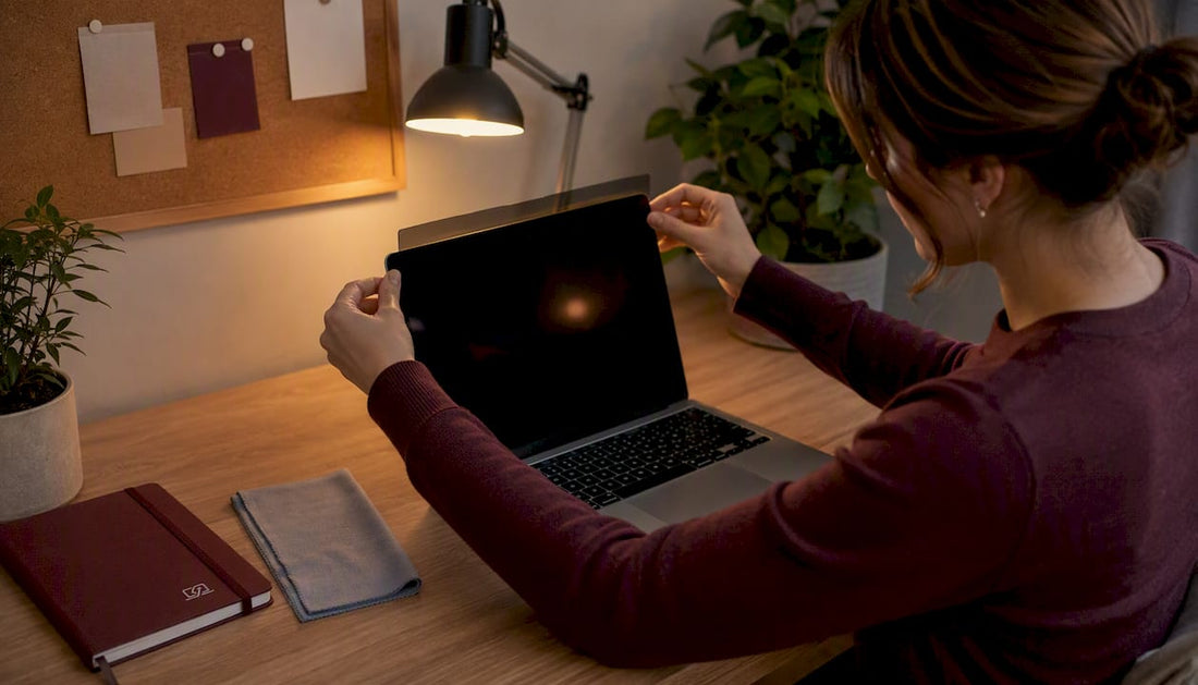 Hands installing micro-louver privacy filter on MacBook screen