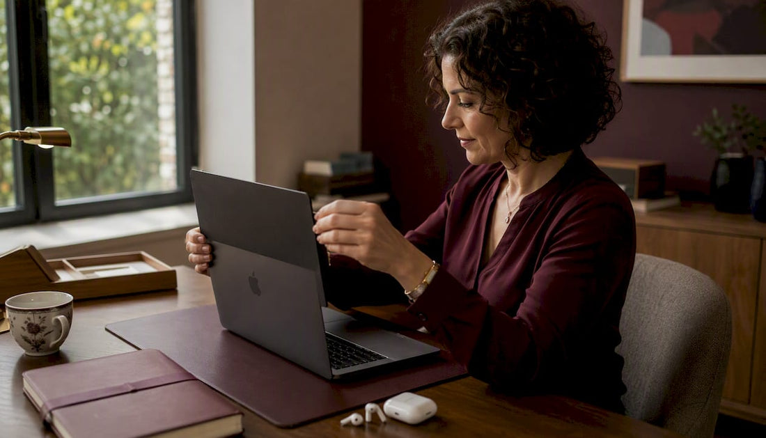 Woman attaching magnetic privacy filter on laptop