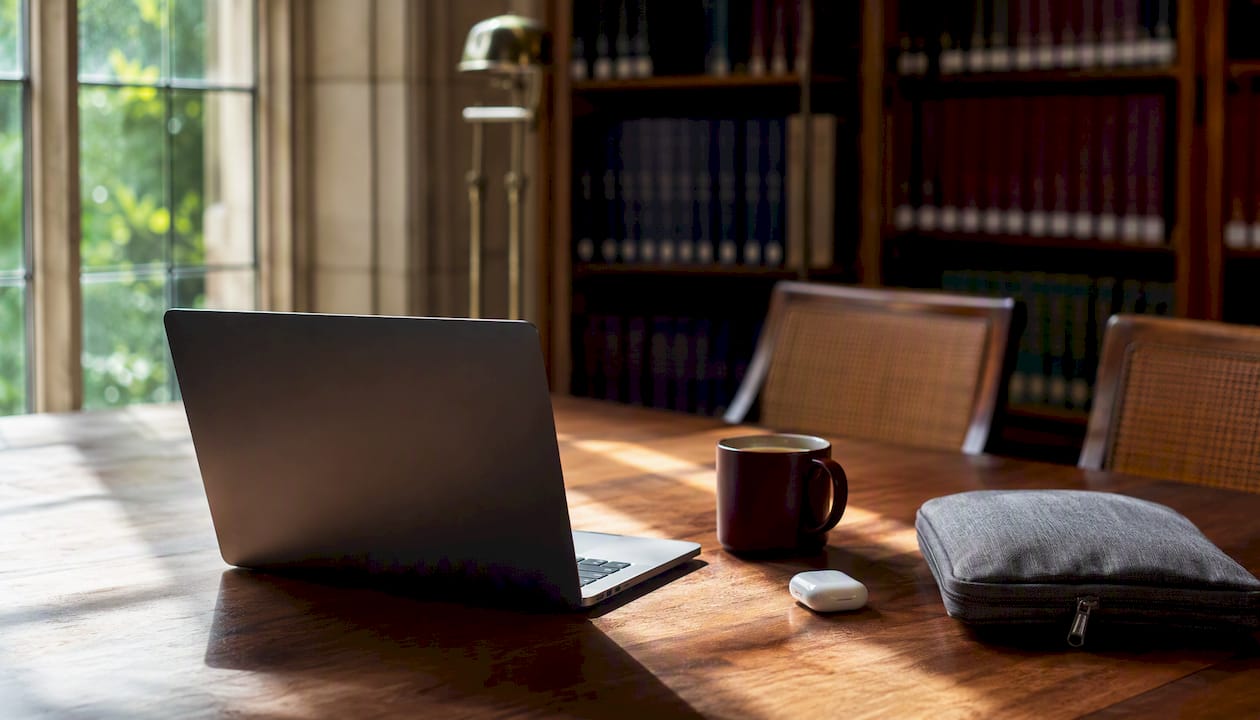 Library study space with MacBook privacy screen corner