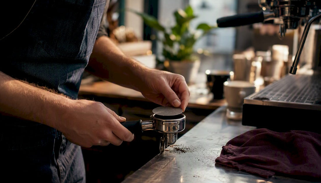 Hands placing puck screen on coffee puck