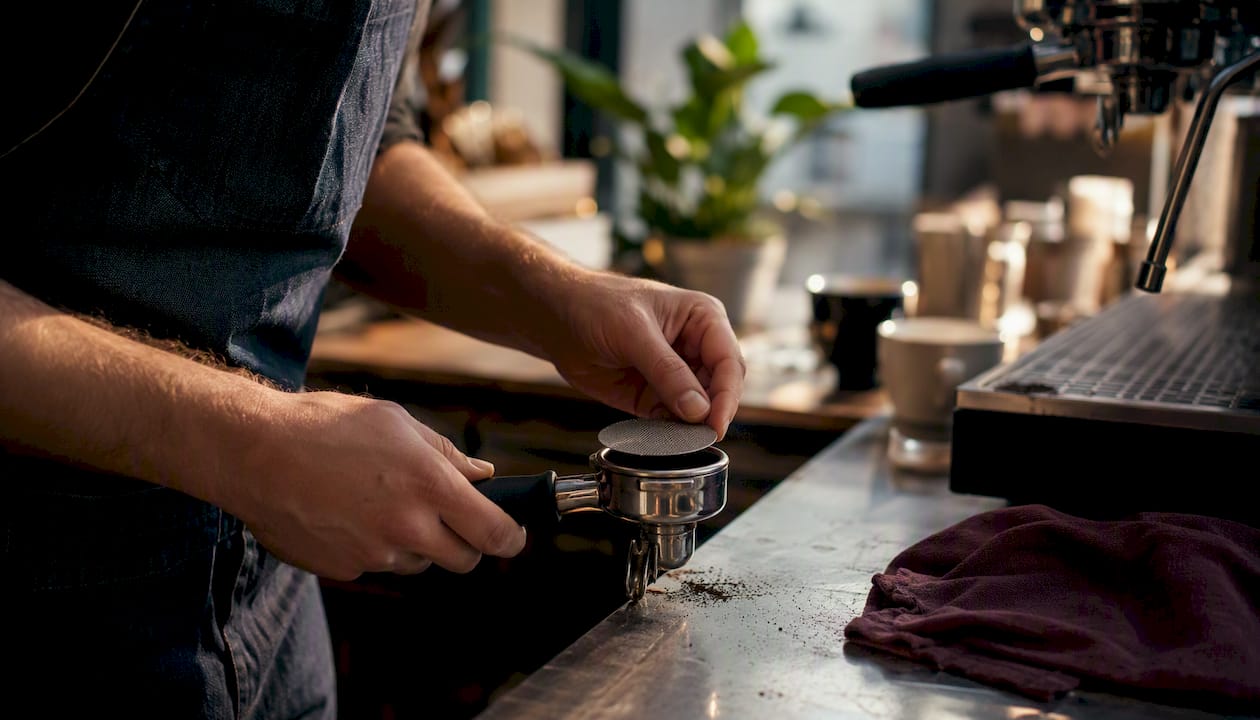 Hands placing puck screen on coffee puck