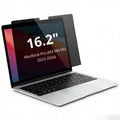 Silver MacBook Pro on a white background with a partially applied black privacy screen protector. The screen shows large white text reading “16.2”” and smaller text below reading “MacBook Pro (M3 M4 M5, 2023-2026).