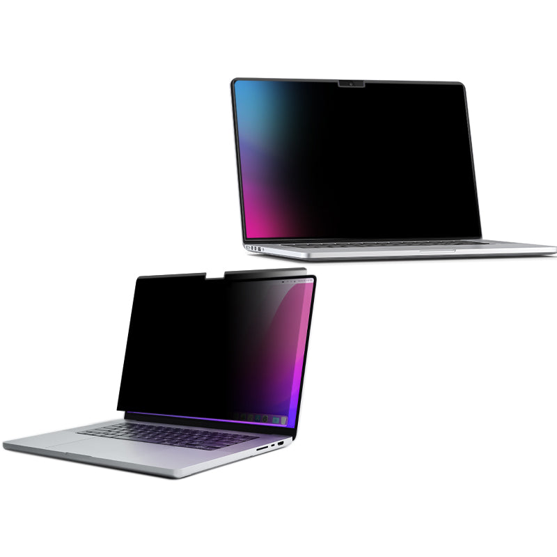 Two laptop screens with privacy filters on a white background