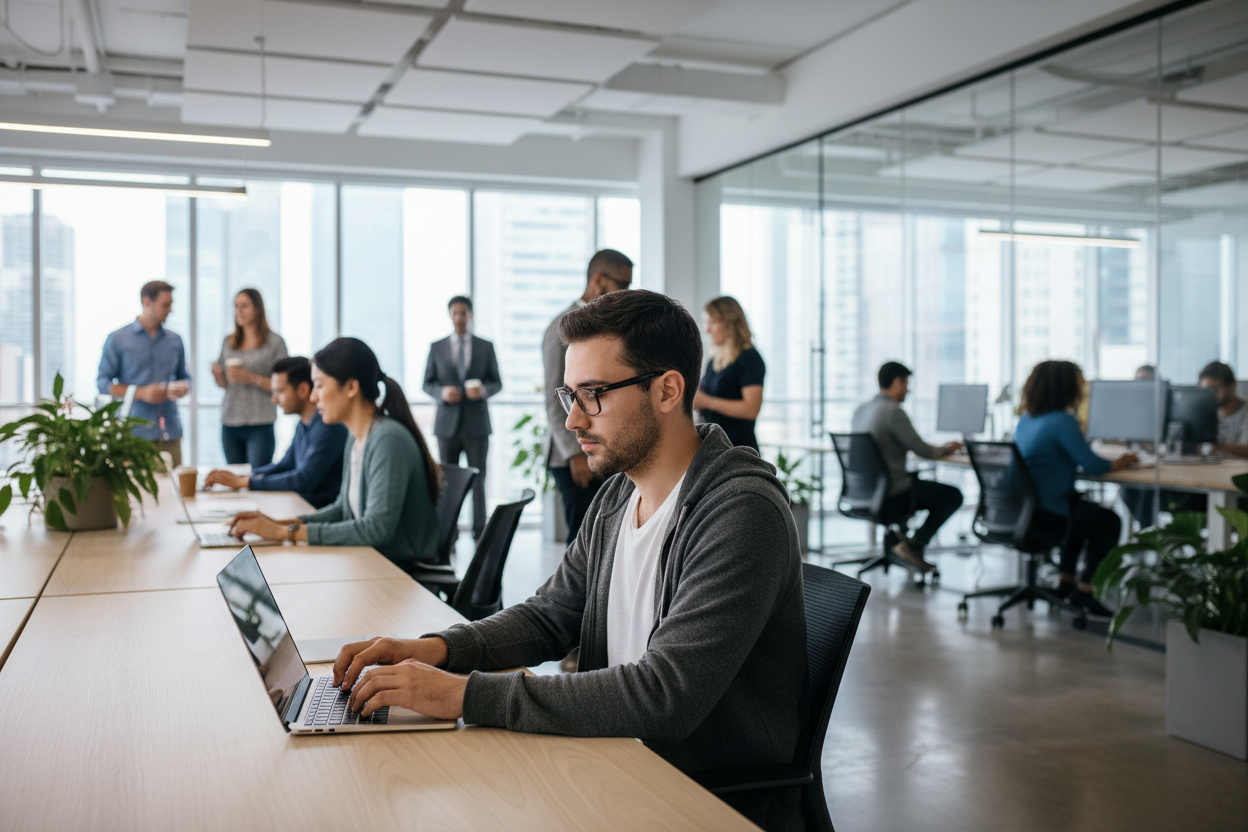 Boy working on MacBook at internship