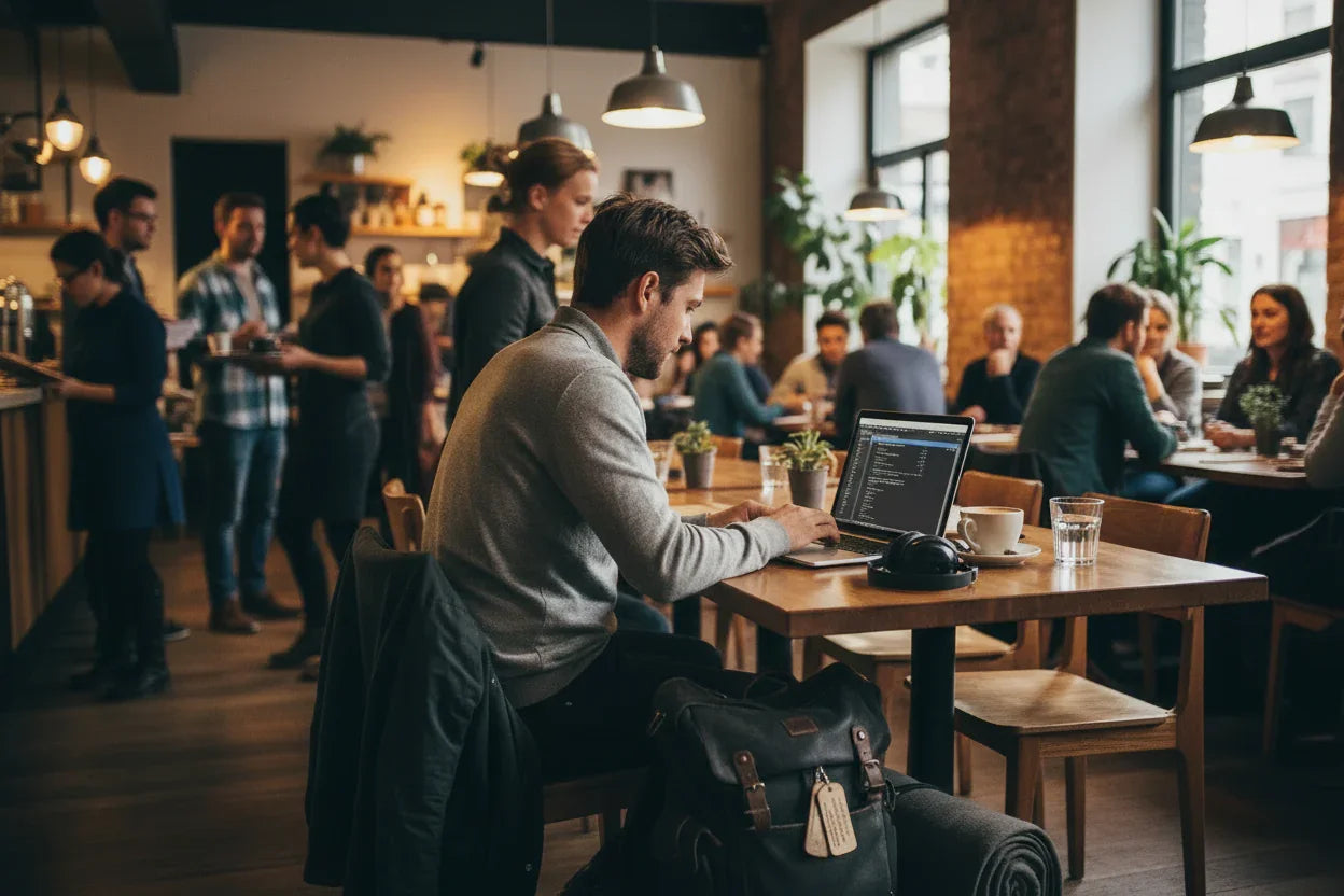 Digital nomad with privacy screen on MacBook in cafe