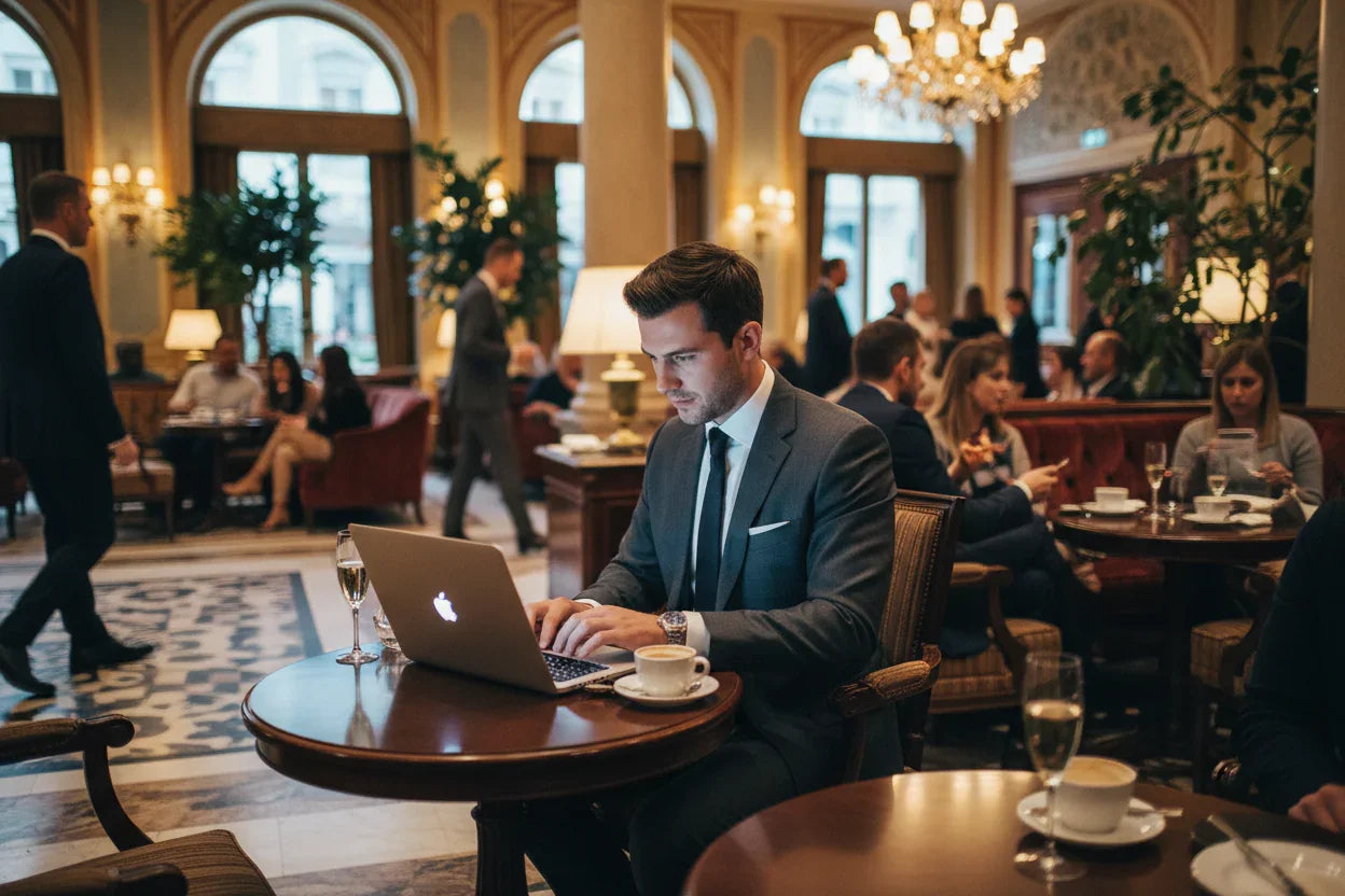 Man in suit working on MacBook in hotel lounge