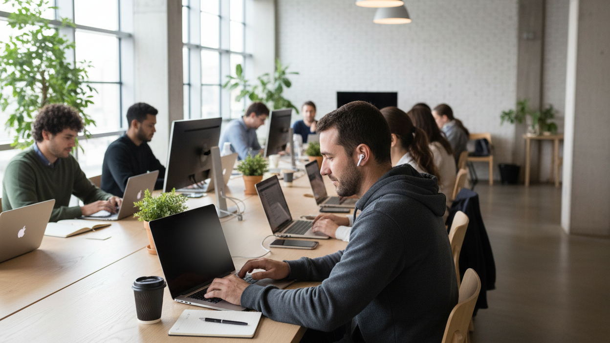 Man with privacy screen MacBook in coworking space
