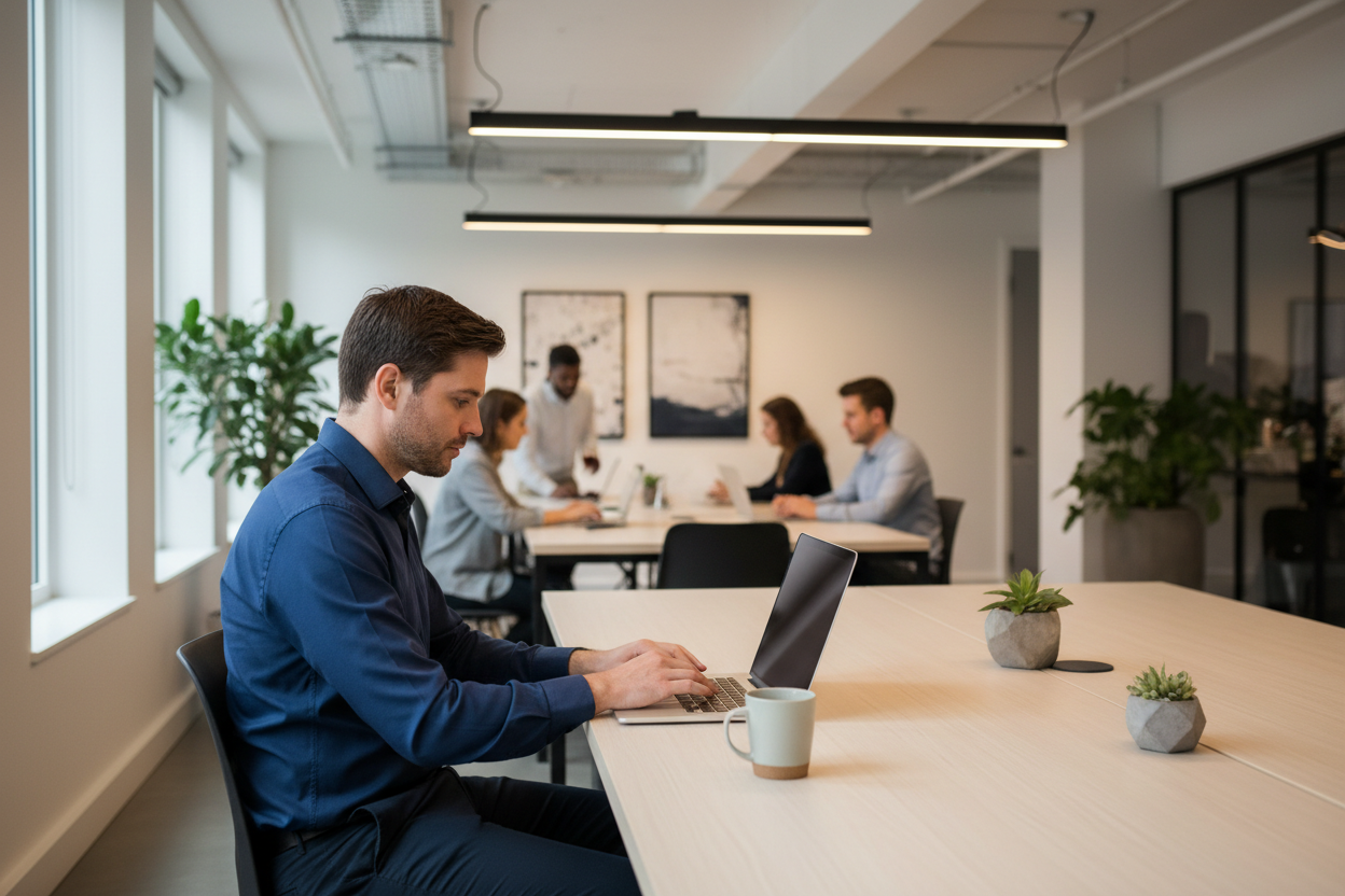 Man working on MacBook in shared office with privacy screen