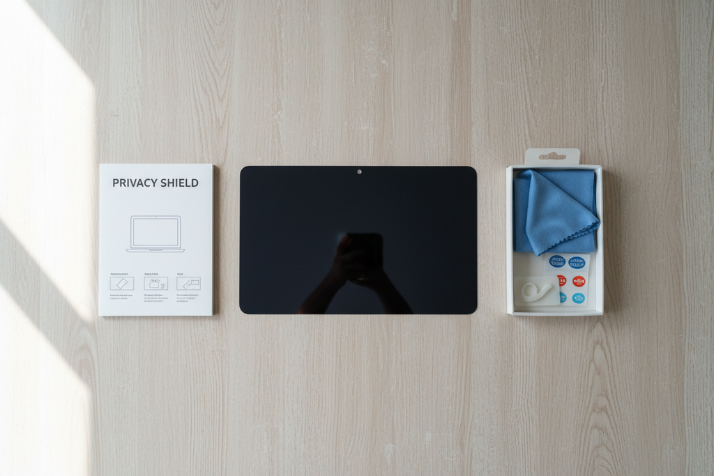 Package contents showing folder, MacBook Screen Protector, and tool kit