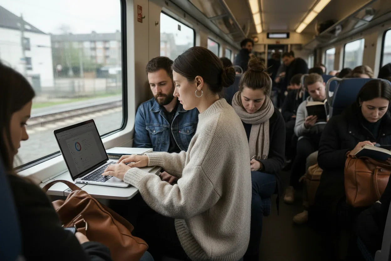 Woman on train with MacBook privacy screen