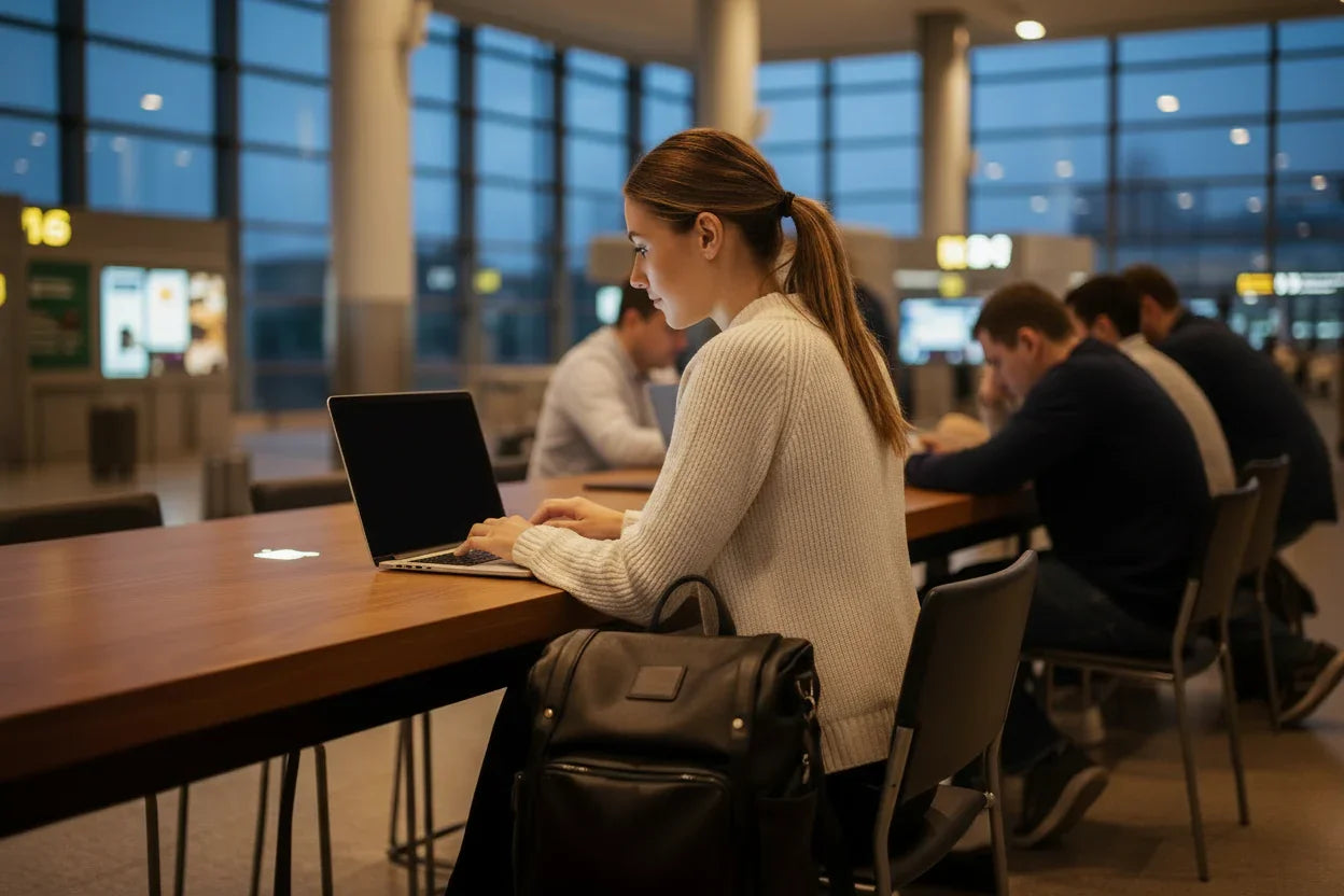 Woman with MacBook privacy screen in airport with people sitting next to her
